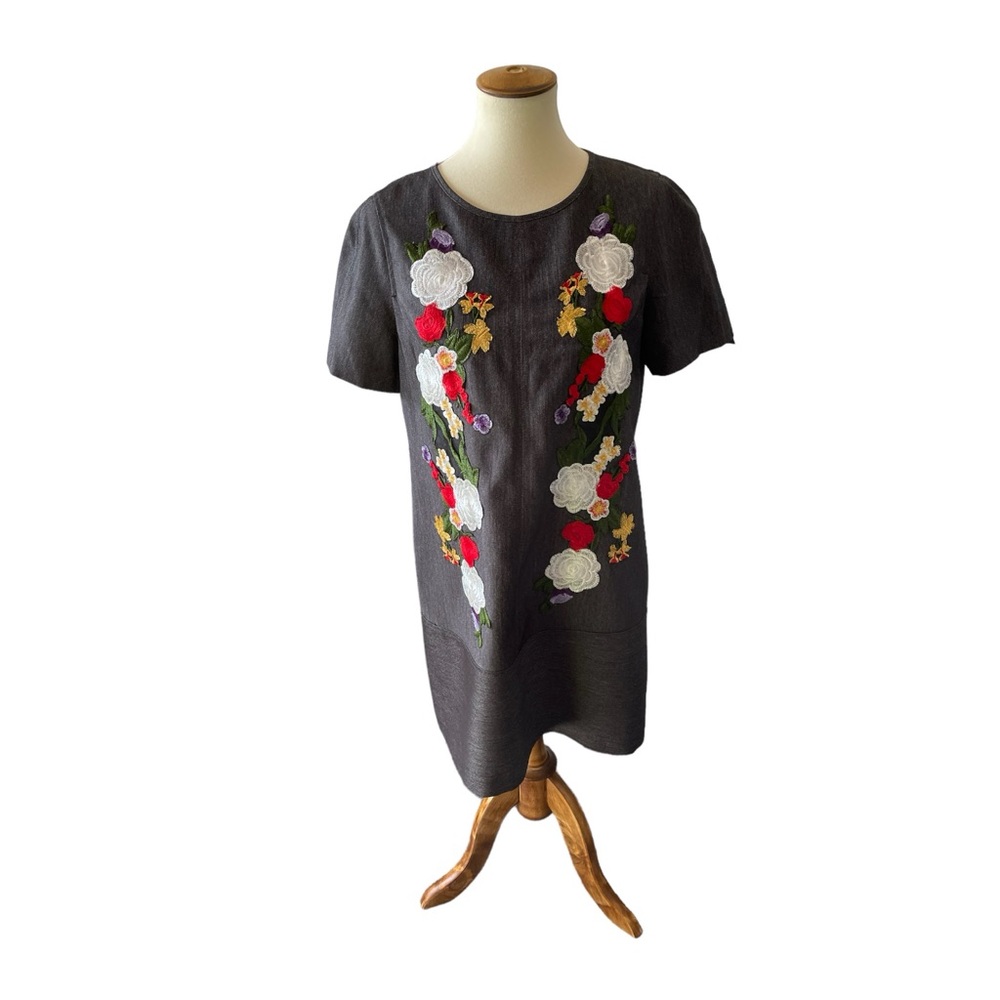 #048, Nicole Miller, black denim floral brocade embellished straight dre…